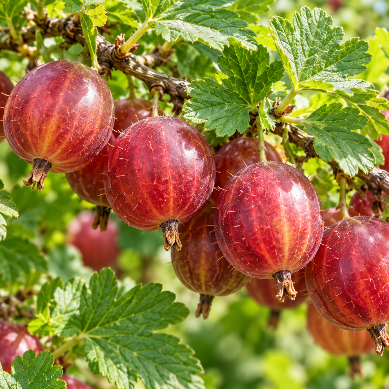 Obrázok Egreš obyčajný (Grossularia uva-crispa) ´HINNONMAKI ROT´ - výška 60-80 cm, stredne skorý, červený, voľnokorenný - STROMČEKOVÝ/ NA KMIENKU - 2. trieda